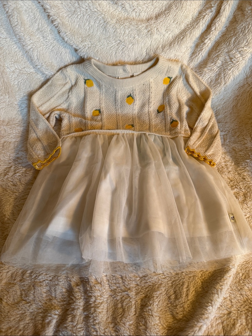 Cream Knit Bodice Tulle Dress with Yellow Lemon Appliqués